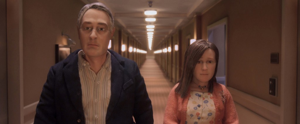 David Thewlis voices Michael Stone and Jennifer Jason Leigh voices Lisa Hesselman in the animated stop-motion film, ANOMALISA, by Paramount Pictures